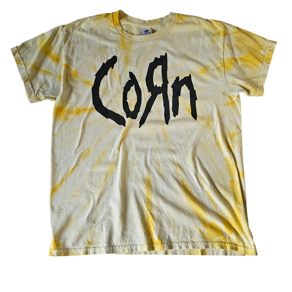 Korn Band Tee Mens Large Yellow White Tie Dye Graphic T-Shirt Colortone Logo